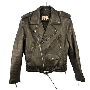 VTG FMC Mens Black Leather Cropped Moto Biker Jacket SZ 40 Grunge Heavy Metal